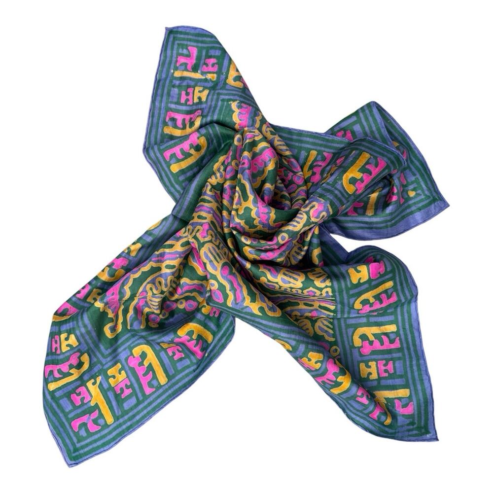 Ethnic Silk Scarf Green Pink Blue Yellow Abstract Aztec Incan Print Square 21” - Picture 3 of 4